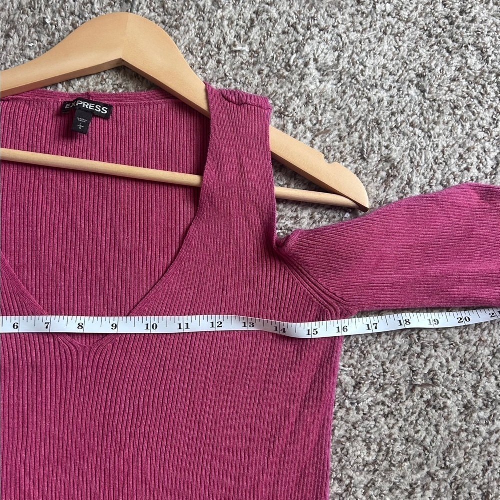 Express Off-the-Shoulder Cold Shoulder Ribbed Pink Sweater Stretch Ruffle Sleeve - Picture 7 of 8